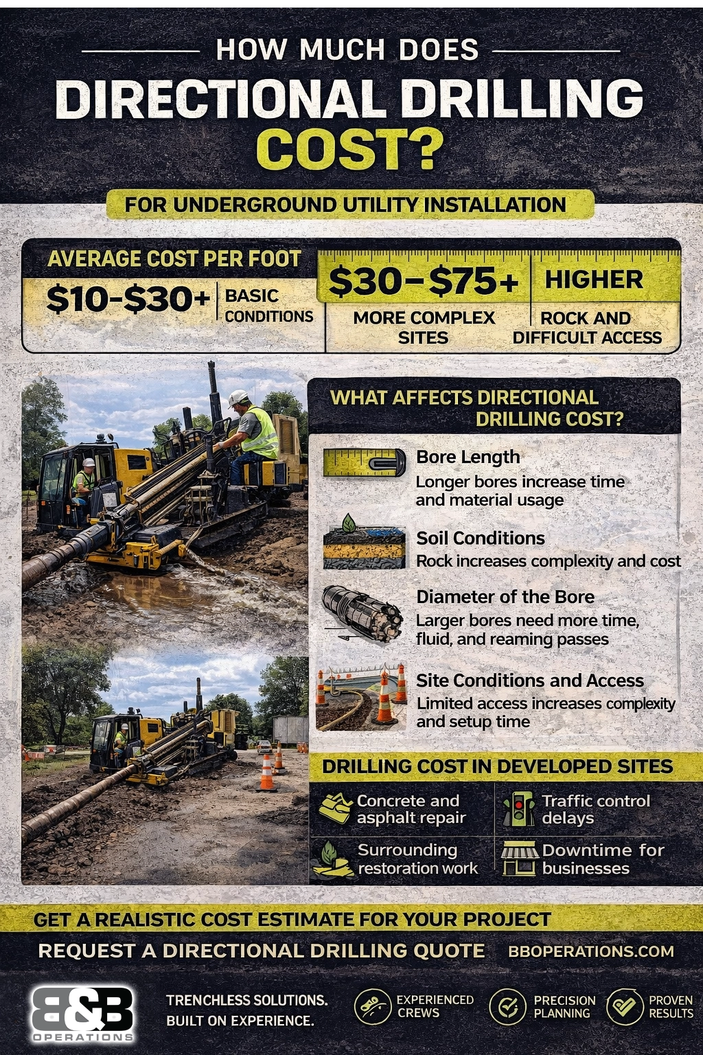 Directional drilling cost infographic showing average cost per foot, pricing ranges, and key factors like bore length, soil conditions, and site constraints for underground utility installation