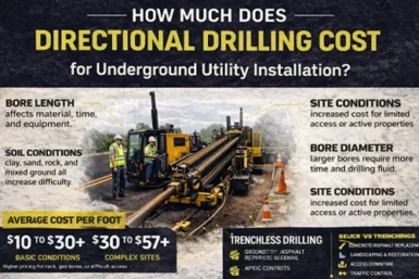 Directional drilling crew installing underground utilities with horizontal drilling rig showing trenchless installation cost factors