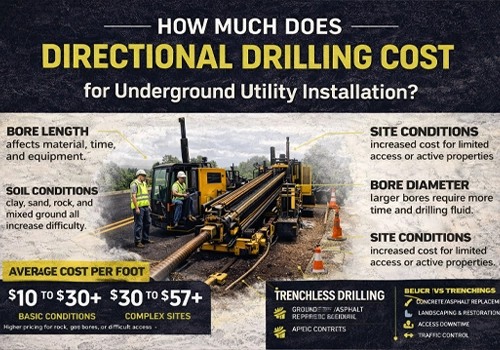 Directional drilling crew installing underground utilities with horizontal drilling rig showing trenchless installation cost factors