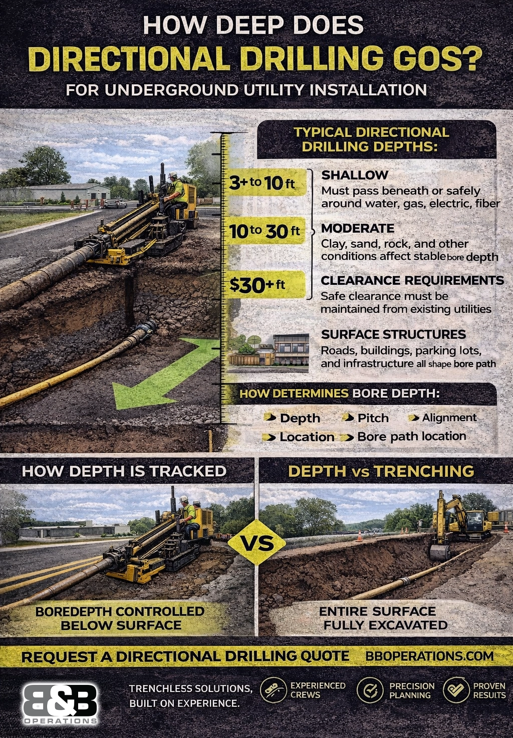 Directional drilling depth infographic showing typical underground utility installation depths, bore path control, and comparison with trenching methods