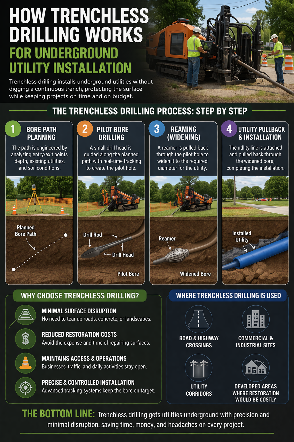 Trenchless drilling infographic showing step-by-step underground utility installation process including pilot bore, reaming, and utility pullback