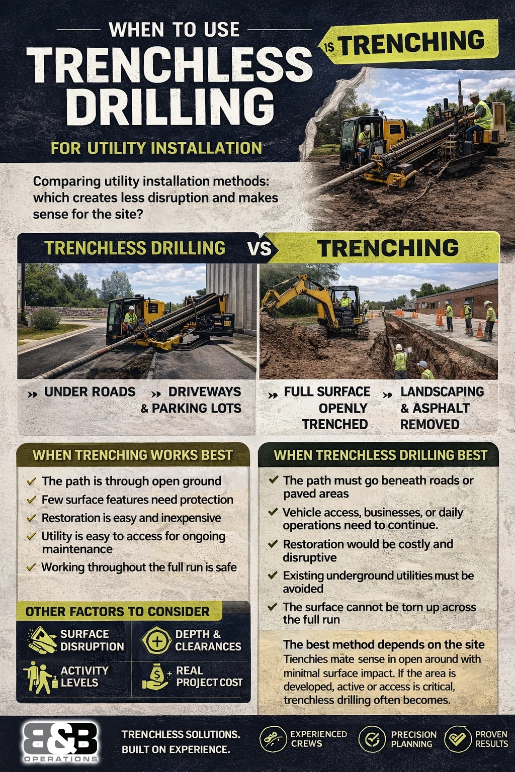 Trenchless drilling vs trenching infographic comparing underground utility installation methods, surface disruption, cost factors, and when to use each approach
