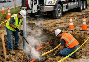 B&B Operations' Hydrovac Central Illinois crew performing hydro excavation to expose underground utilities on a commercial job site in Central Illinois Fiber Optic Drilling Moline IL