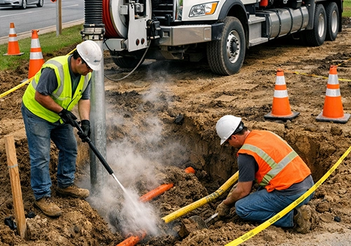 B&B Operations' Hydrovac Central Illinois crew performing hydro excavation to expose underground utilities on a commercial job site in Central Illinois